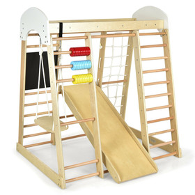 Costway 13920864 Indoor Playground Climbing Gym Wooden 8-in-1 Climber Playset for Children-Natural