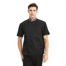 TopTie Unisex Black Short Sleeve Chef Coat Jacket with Gray Collar