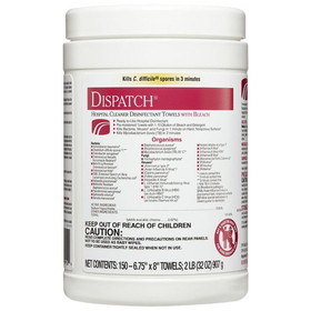 Dispatch 69150 Disinfectant Wipe 6.75" x 8", White, Non-Woven, (150 per Canister- 8/CS)