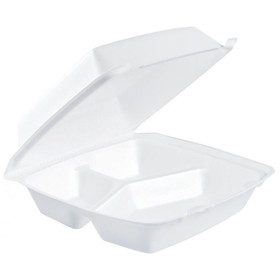 Dart Container 85HT3R Foam Hinged Lid Container 8" x 8.4" x 3.2", White, Extruded Polystyrene, 3-Compartment, Performer, Medium, (200 per Case)