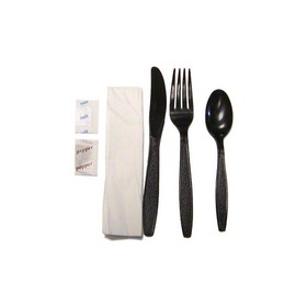 Advantage ME-AMHWKIT-B Cutlery Kit-Knife/Fork/Tsp/S&P/Napkin -Black, 6-1 Wrapped Meal Kit. Polystyrene. - 2 Ply Dinner Napkin: 13" x 17" - 250/CS