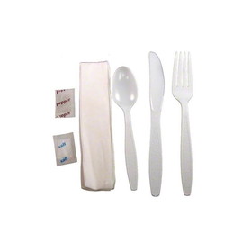 Advantage ME-AMHWKIT-W Cutlery Kit-Knife/Fork/Tsp/S&P/Napkin -White, 6-1 Wrapped Meal Kit. Polystyrene. - 2 Ply Dinner Napkin: 13" x 17" - 250/CS