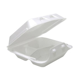 Pactiv YHLW08030000 SmartLock Food Container 8" x 8.5" x 3", White, Polystyrene Foam, 3-Compartment, Medium, Recyclable (150/CS)