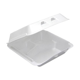 Pactiv YHLW09030000 SmartLock Hinged-Lid Takeout Food Container 9" x 9.125" x 3.25", White, Polystyrene Foam, 3-Compartment, Large, (150/CS)