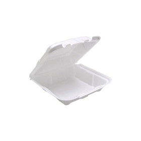 Pactiv YTD188010000 Vented Foam Hinged Lid Food Container 8.42" x 8.15" x 3", White, Polystyrene Foam, 1-Compartment, Conventional, Medium, Dual Tab, Recyclable (150/CS)