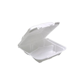 Pactiv YTD188030000 Vented Foam Hinged Lid Food Container 8.42" x 8.15" x 3", White, Polystyrene Foam, 3-Compartment, Conventional, Medium, Dual Tab, Recyclable (150/CS)