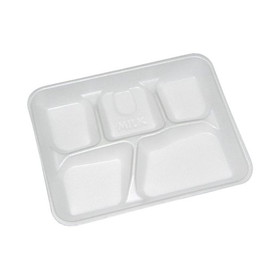 Pactiv YTH10500SGBX 5 Compartment School Lunch Tray 8.25" x 10" x 1", White, Polyethylene Foam, Disposable (500/CS)