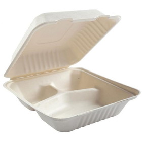 PrimeWare DHL-83 Deep Hinged Lid Container 7.875" x 8" x 3.19", White, Bagasse/Sugarcane, 3-Section, Medium Molded, with Hinged Lid (200/CS)