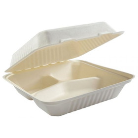 PrimeWare HL-93 Hinged Lid Container 9" x 9" x 3.19", White, Bagasse/Sugarcane, 3-Section, Large Molded, with Hinged Lid (200/CS)