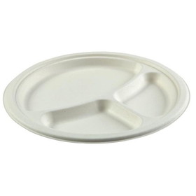 PrimeWare PL-11 Compostable Plate 10" Diameter, White, Bagasse/Sugarcane, Disposable, Recyclable, 3-Section, (500/CS)