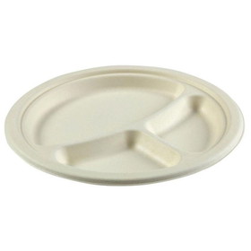 PrimeWare PL-93 Round Plate 9" Diameter, White, Bagasse/Sugarcane, Disposable, Recyclable, Compostable, 3-Section, (500/CS)