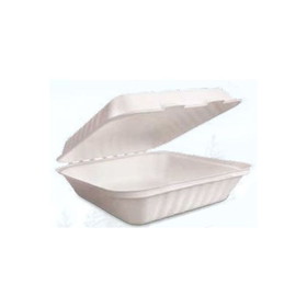Green Wave TW-BOO-011 Food Container 9" x 9" x 3" Box, Bright White, Bagasse/Sugarcane Resource, Box, Hinged, (300 per Case)