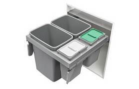 Rev-A-Shelf 53TM-24GSCDM4-FL Gray Metal Top-Mount Double 35Qt and Double 8Qt Metallic Silver Bins with 1-1/2" Overtravel Soft-Close Slide and Fixed Metal Lid Recycle Center