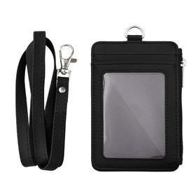 GOGO Badge Holder with Zip, Slim Double Sided PU Leather ID Card Holder Wallet Case with 5 Card Slots, 1 Side Zipper Pocket and Neck Lanyard/Strap, Vertical