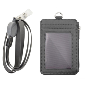 GOGO Badge Holder with Zip, Slim PU Leather ID Badge Card Wallet Case with 20" Neck Lanyard and Retractable Badge Reel