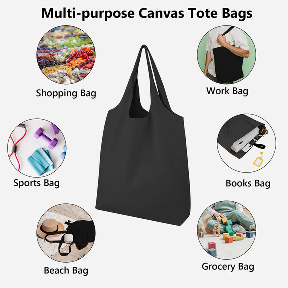 Muka Custom Canvas Reusable Grocery Shopping Bag with Inner Pockets, Foldable Bags with Elastic Band