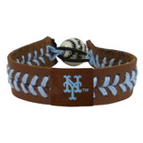 New York Mets Bracelet Team Color Baseball Brown Leather Powder Blue Thread