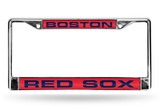 Boston Red Sox License Plate Frame Laser Cut Chrome Red Background with Blue Letters