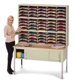 Charnstrom P411 Mail Room Furniture and Office Organizer - 60&quot;W, Triple Sorter with Lower Table, 60 Pockets, Letter Depth