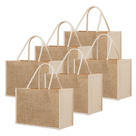 TOPTIE 6 PCS Jute Reusable Tote Bags with Canvas Side, Natural Burlap Gift Bags with Cotton Handle, Beach Bag