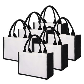 TOPTIE 6 PCS Burlap Canvas Tote Bags Black & White, Grocery Shopping Bag Beach Bag for Picnic