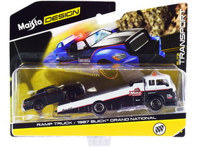 Maisto 15055-21C  1987 Buick Grand National Matt Black with Red Stripes and Ramp Truck Black and White "Elite Transport" Series 1/64 Diecast Models