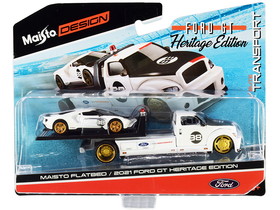 Maisto 2021 Ford GT #98 Heritage Edition with Flatbed Truck White and Black Elite Transport Series 1/64 Diecast Model Cars