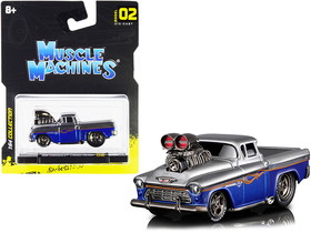 Muscle Machines 15526-15553bl  1955 Chevrolet Cameo Pickup Truck Gray and Blue Metallic with Flames 1/64 Diecast Model Car