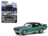 Greenlight 30113  1967 Ford Mustang Coupe Loveland Green Metallic with Black Stripes and Black Top and a Pair of Skis 