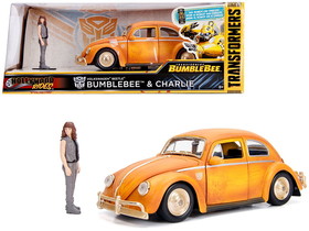 Jada 30114  Volkswagen Beetle Weathered Yellow with Robot on Chassis and Charlie Diecast Figurine "Bumblebee" (2018) Movie ("Transformers" Series) "Hollywood Rides" Series 1/24 Diecast Model Car