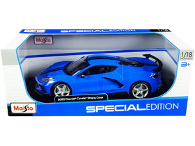 Maisto 31455bl  2020 Chevrolet Corvette Stingray C8 Coupe with High Wing Blue with Black Stripes 1/18 Diecast Model Car