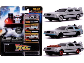 Jada 31583  "Back to the Future" Time Machine 3 piece Set "Nano Hollywood Rides" Diecast Model Cars