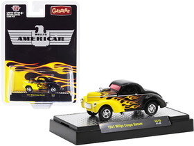 M2 31600-GS10  1941 Willys Coupe Gasser Black with Yellow Flames Limited Edition to 6050 pieces Worldwide 1/64 Diecast Model Car