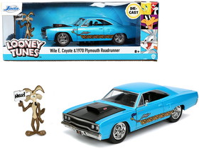 Jada 32038  1970 Plymouth 440-6BBL RoadRunner Light Blue Metallic with Black Hood and Wile E. Coyote Diecast Figurine "Looney Tunes" 1/24 Diecast Model Car