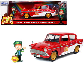 Jada 32200  1959 Ford Anglia Red and White with Lucky the Leprechaun Diecast Figurine "Lucky Charms" 1/24 Diecast Model Car
