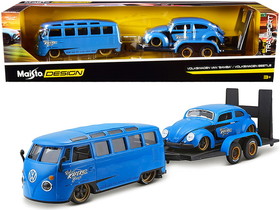 Maisto 32752  Volkswagen Van Samba with Volkswagen Beetle and Flatbed Trailer Blue "Kool Kafers" Set of 3 pieces "Elite Transport" Series 1/24 Diecast Model Cars