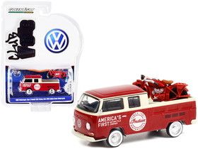 Greenlight 36030A 1968 Volkswagen Type 2 Double Cab Pickup Truck Red and Cream America's First Motorcycle Company and 1920 Indian Scout Motorcycle Red Club Vee V-Dub Series 13 1/64 Diecast Model Car