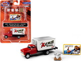 Classic Metal Works 40014  1955 Chevrolet Box Truck Red and White with Building Sign and 3 Beer Kegs with Skid 