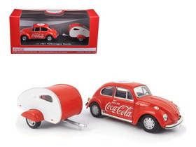 Motorcity Classics 440032  1967 Volkswagen Beetle Red with Teardrop Travel Trailer Red and White "Coca-Cola" 1/43 Diecast Model Car