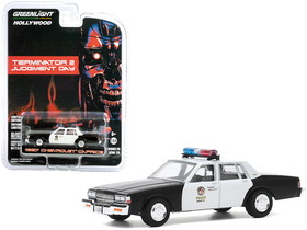 Greenlight 44890F  1987 Chevrolet Caprice "Metropolitan Police" Black and White "Terminator 2: Judgment Day" (1991) Movie "Hollywood Series" Release 29 1/64 Diecast Model Car