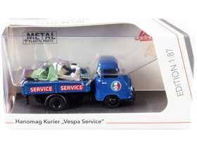 Schuco 452661400  Hanomag Kurier Transporter "Vespa Service" Blue with 2 Vespas (Green and Cream) 1/87 (HO) Diecast Models