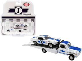 Greenlight 51344  1967 Chevrolet C-30 Ramp Truck with 1970 Chevrolet Trans Am Camaro #1 White with Blue Stripes "Chaparral" "Acme Exclusive" 1/64 Diecast Model Cars