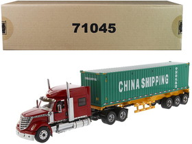 Diecast Masters 71045  International LoneStar Sleeper Cab Red with Skeleton Trailer and 40"' Dry Goods Sea Container "China Shipping" Green "Transport Series" 1/50 Diecast Model