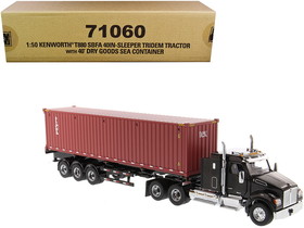 Diecast Masters 71060  Kenworth T880 SBFA 40" Sleeper Cab Tridem Truck Tractor Black Metallic with Flatbed Trailer and 40"' Dry Goods Sea Container "TEX" "Transport Series" 1/50 Diecast Model