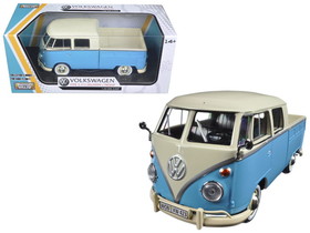 Motormax 79343LTBL-CRM  Volkswagen Type 2 (T1) Double Cab Pickup Truck Light Blue and Cream 1/24 Diecast Model Car