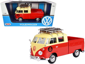 Motormax 79582  Volkswagen Type 2 (T1) #8 Pickup Truck with Roof Rack and Luggage Red and Yellow 1/24 Diecast Model Car