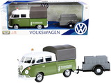 Motormax 79676  Volkswagen T1 Pickup with Canopy Green and White with Trailer 