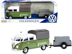 Motormax 79676  Volkswagen T1 Pickup with Canopy Green and White with Trailer "Road Service" 1/24 Diecast Model Car