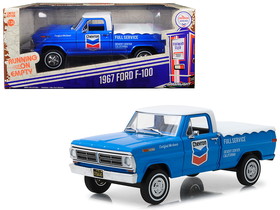 Greenlight 85013  1967 Ford F-100 with Bed Cover "Chevron Full Service" Blue with White Top Running on Empty Series 1/24 Diecast Model Car