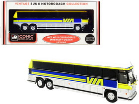 Iconic Replicas 87-0230  1980 MCI MC-9 Crusader II Intercity Coach Bus "Via Rail" (Canada) Yellow and Silver with Blue Stripes "Vintage Bus & Motorcoach Collection" 1/87 (HO) Diecast Model